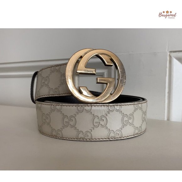 Authentic Gucci Cream Guccissima Leather Gold Interlocking G Buckle Belt 85/34 - Picture 12 of 13